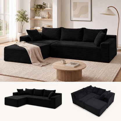 94" Boneless Couch, L-Shape Corduroy Sectional Sofa, Black1