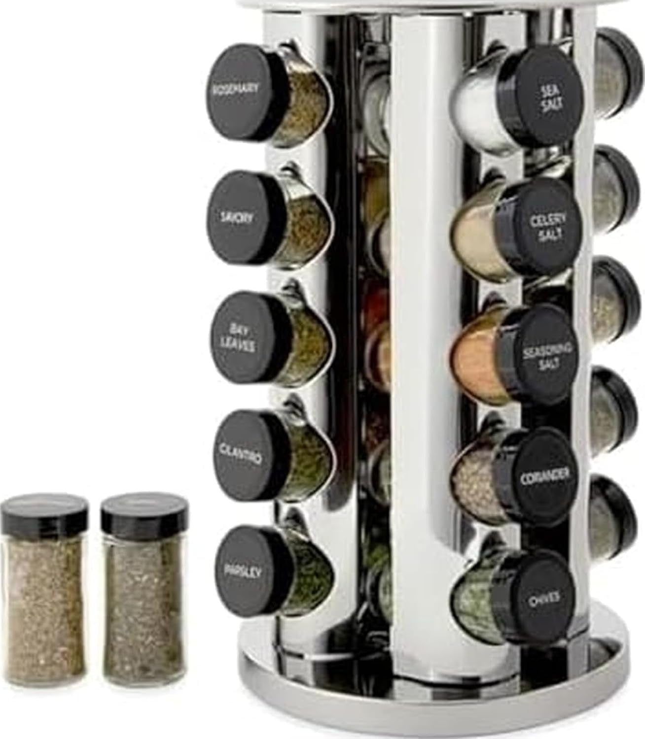 20-jar-revolving-countertop-spice-rack-with-spices-included-free-spice-refills-for-5-years-polished-stainless-steel-with-black-caps-30020