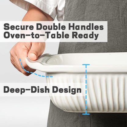 Casserole Dishes for Oven, Ceramic Baking Dish, Large Lasagna Pan with Handles, Baking Pan Casserole Dish, Rectangular Bakeware Deep, Set of 3 (5.1Qt/2.3Qt/1.1Qt) (White, with Lids)3