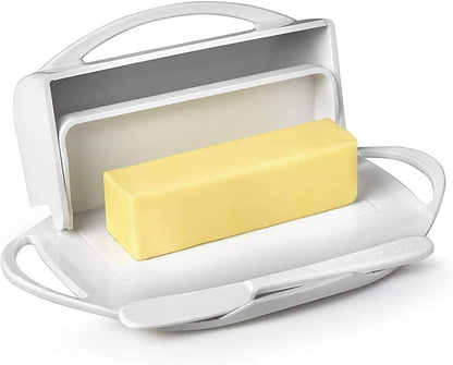 Flip Top Butter Dish with Attached Lid & Matching Knife - Holds 2 Sticks, Fits Kerrygold/European Butter - BPA Free & Dishwasher Safe - White4