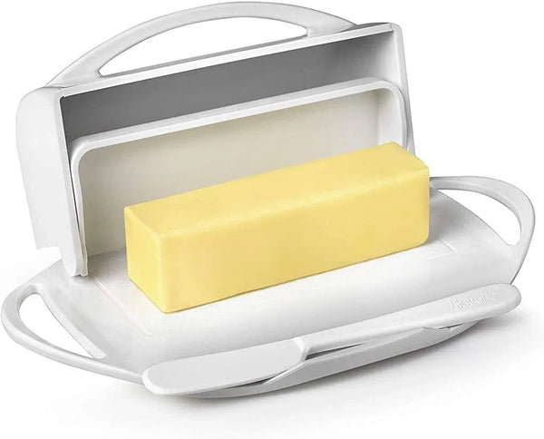 Flip Top Butter Dish with Attached Lid & Matching Knife - Holds 2 Sticks, Fits Kerrygold/European Butter - BPA Free & Dishwasher Safe - White4