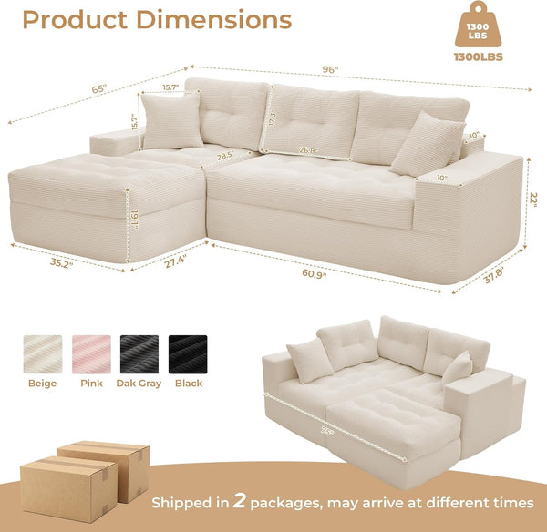 96" L Shaped Cloud Couch with Ottoman, Boneless Couches for Living Room3