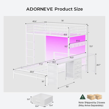 Bunk Bed Twin over Full with Drawers, 2 Person Desk, White2