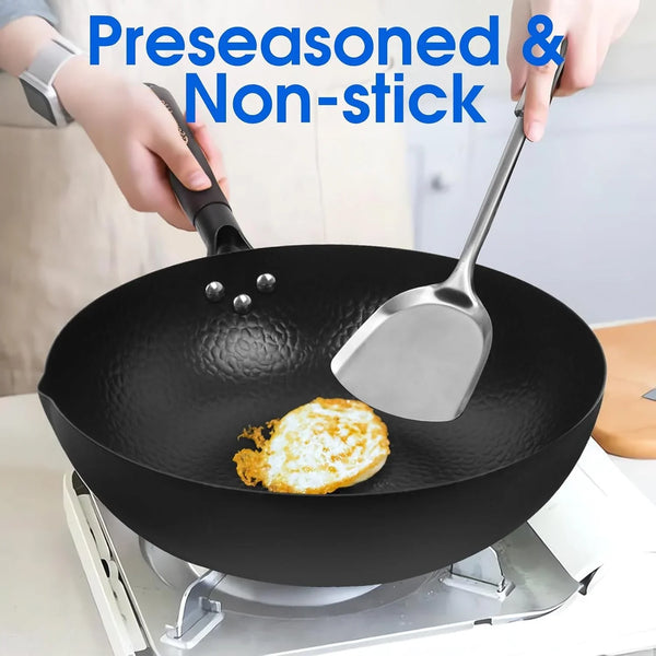 12.5 Inch Carbon Steel Wok for Electric, Induction and Gas Stoves (Lid, Spatula and User Guide Video Included)5
