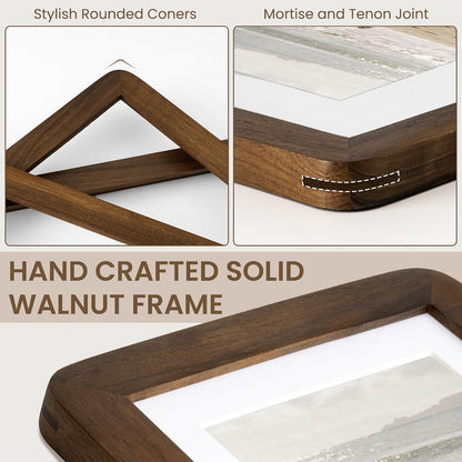 6X8 Picture Frame, Solid Walnut Wood with Mortise and Tenon Joinery, Handcrafted Photo Frame with Mat for 5X7, High-Definition Tempered Glass, Wall or Tabletop Display5