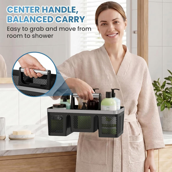 Plastic Shower Caddy Dorm: Portable Cleaning & Shower Caddy with Handle, 4 Divided Compartments, All-Side Drainage, Rigid Plastic Basket Tote for College Dorm & Bathroom Use, Black/Silver4