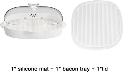 Microwave Bacon Cooker Tray, Splatter Lid, 1 Silicone Mat, Bacon Grill | BPA Free, Make Crispy in Minutes, Microwave Bacon Maker, Length:9Inch2