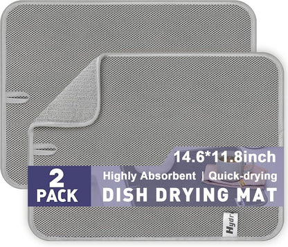14.6*11.8 Inch Microfiber Dish Drying Mat,2 Compact Ultra Absorbent Dish Mat Drying Kitchen Mat,Small Dish Drying Mats for Kitchen Counter,Draining Racks,Sinks (Gray)1