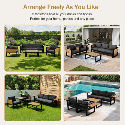 Large 4-Piece Outdoor Patio Furniture Set for 5 Person, 3-Seater Sofa, 2 Armchairs with Fold-Out Side Tables, Aluminum Frame & Plastic-Wood, Modern Garden/Patio Seating, Grey Cushions3