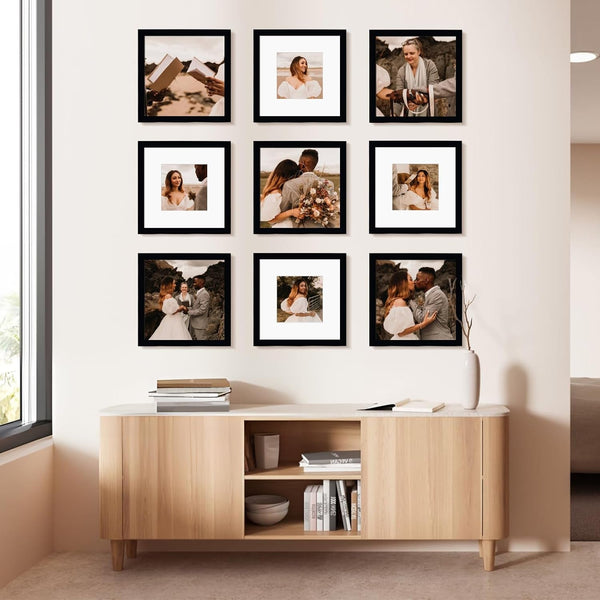 12X12 Picture Frame Set of 9, Display Pictures 8X8 with Mat or 12X12 without Mat, Multi Collage Gallery Square Photo Frames for Wall or Tabletop, Black2