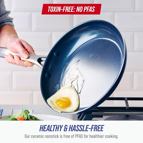 12" Diamond Ceramic Nonstick Frying Pan Skillet with Lid, Blue | Pfas-Free Ceramic Nonstick, Dishwasher & Oven Safe, Stay Cool Handle, Durable Metal Utensil Safe, Egg & Omelet Pan3