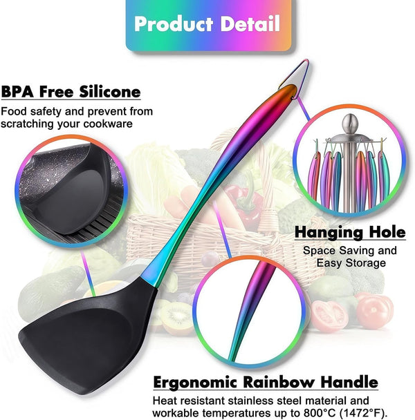 Silicone Cooking Utensils Set, 17Pcs Kitchen Utensil Set with Rotatable Holder, Heat-Resistant Silicone Utensils for Cooking, Non-Stick Spatula Set with Stainless Steel Handle,Turner,Ladle (Rainbow)2