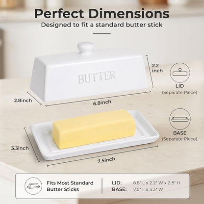 Butter Dish with Lid, Butter Dish with Lid for Countertop,7.6" X 3.3" Butter Tray,Butter Holder for 1 Stick.Textured Tray Butter Keeper for Non Slip Storage,Ceramic - White2