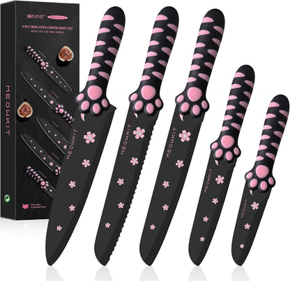 Cute Kitchen Knife Set, Dishwasher Safe, 5 Pieces Non-Stick Knives,Sharp for Chopping, Slicing, Dicing and Cutting, Cat Paw Handle1