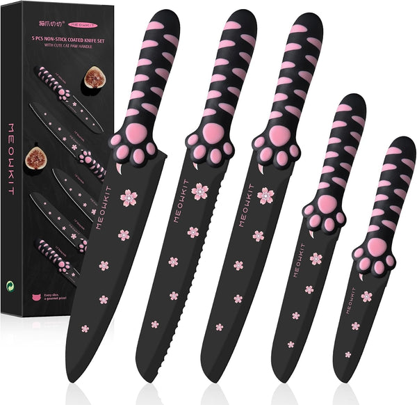 Cute Kitchen Knife Set, Dishwasher Safe, 5 Pieces Non-Stick Knives,Sharp for Chopping, Slicing, Dicing and Cutting, Cat Paw Handle1