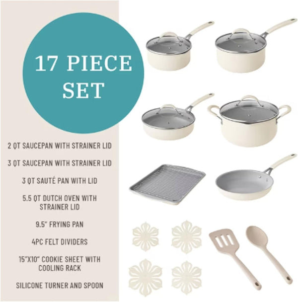 Pioneer Woman 17-Piece Ceramic Cookware Set with Strainer Lids and Cookie Sheet with Rack - Nonstick Pots and Pans Set (Cream)3
