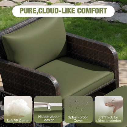 Patio Conversation Set 5 Piece, Balcony Furniture Outdoor PE Rattan Wicker Lounge Chairs with Soft Cushions, 2 Ottomans & Glass Table for Porch Lawn, Brown (Army Green Cushions4