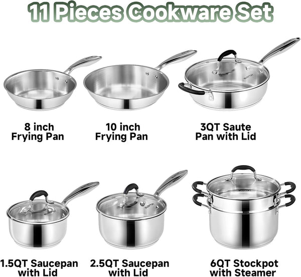 Stainless Steel Kitchen Cookware Set,11 Piece Pots and Pans Set with Steamer,Heat-Resistant Handle,Non-Toxic,Induction,Oven,Dishwasher Safe2