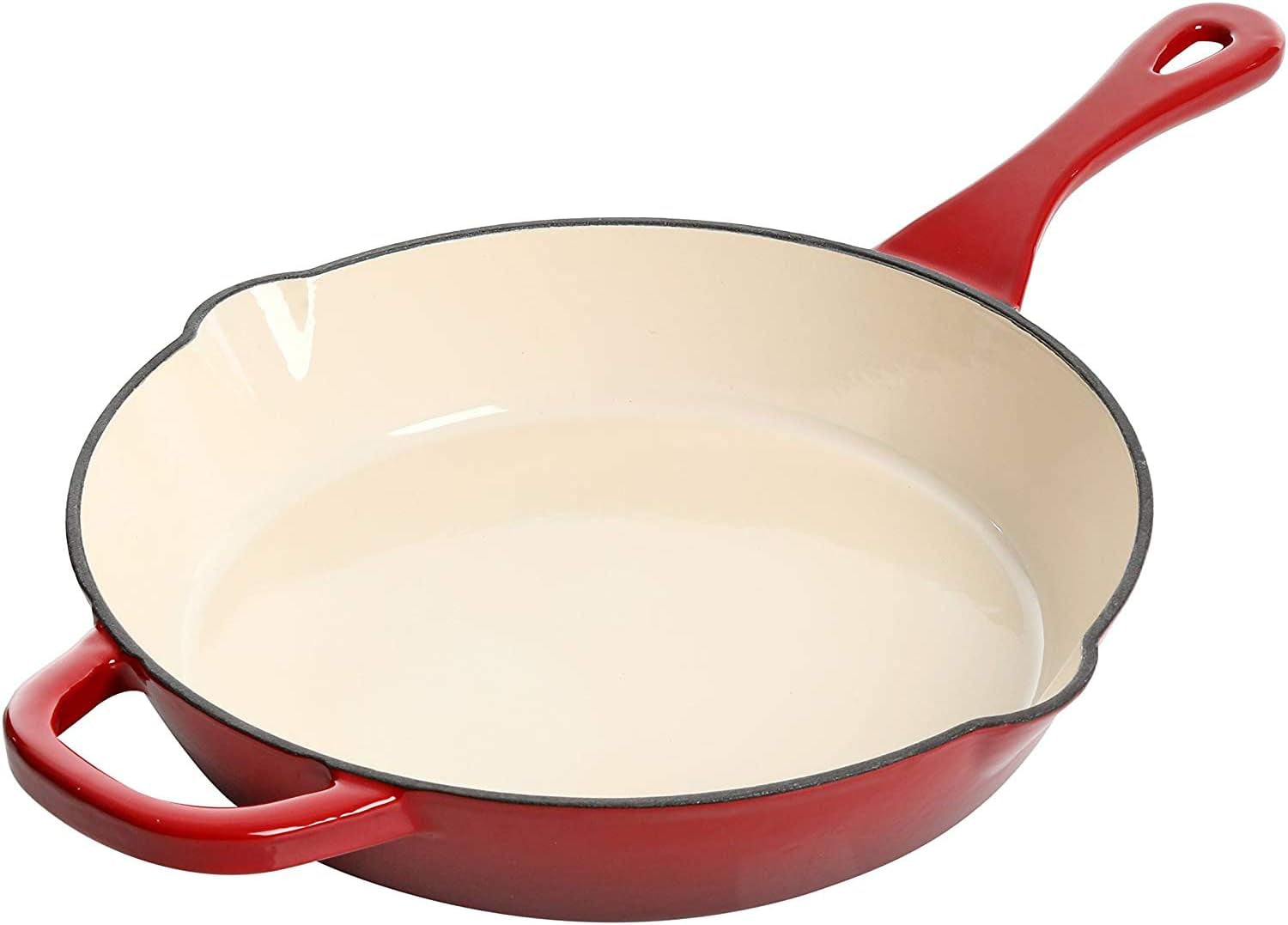 crock-pot-10-inch-enameled-cast-iron-skillet-with-handles-ideal-for-searing-roasting-frying-even-heat-distribution-pour-spouts-oven-safe-stovetop-safe-red