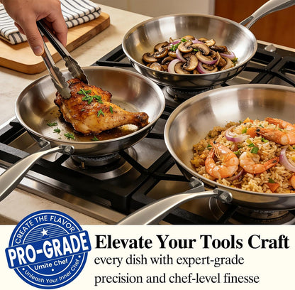 Stainless Steel Frying Pan Set with Lid, 3Pcs Skillet Set (Includes 8",10",12") - 5 Ply Stainless Clad - Heavy Duty & Professional Cookware Set, Fast & Even Heat, Dishwasher and Oven Safe5
