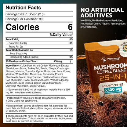 Organic Mushroom Coffee Instant, 25-In-1 Lions Mane & Reishi, 90 Servings | Keto Friendly, Third Party Tested Chaga Cordyceps & Shiitake Functional Blend, Smooth Rich Taste, Gut & Focus Support, 1 Pack3