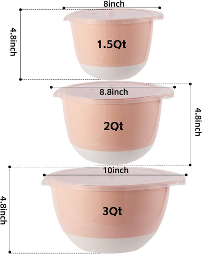 3 Small Mixing Bowls Set with Lids,Grips,Pour Spout and TPR Bottom, Plastic Nesting Bowl Use for Kitchen Cooking-Prep,Serving,Baking Bread Cake,Pancake,Non-Slip,3Qt,2Qt,1.5Qt,Pink7