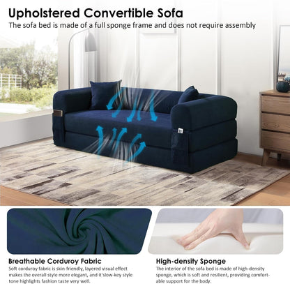 80" Corduroy Convertible Sofa Bed, 3-In-1 Boneless Couch Navy Blue5