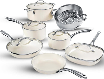 12 Pc Ceramic Cookware Set Nonstick, Ceramic Pots and Pans Set Non Stick with Steamer for Cooking, Non Toxic PFOA PFOS Free, Premium Stay Cool Handles, Oven & Dishwasher Safe1