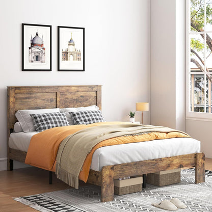 Wood Queen Bed Frame with Headboard, Vintage Brown1