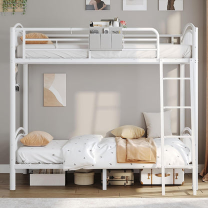 Metal Bunk Bed Twin over Twin, Heavy Duty Industrial Bunkbeds for Adult&Teen with Bedside Caddy, EVA Anti-Slip Convertible Ladder&Flat Rungs, Space Saving Bunkbeds Frame for Bedroom Dorm(White)5