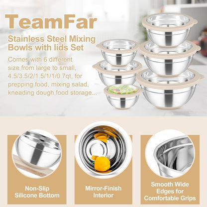 Mixing Bowls with Clear Lids, Stainless Steel Salad Bowls, Khaki5
