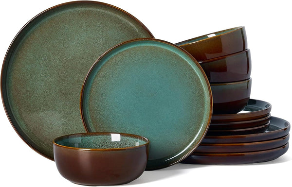 Milkyway 12-Piece Stoneware Dinnerware Set, Moss Green & Cocoa1