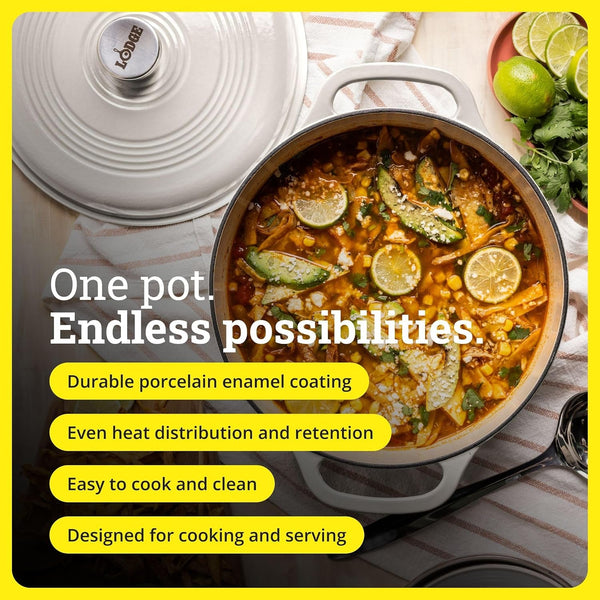 Essential Enamel Cast Iron Dutch Oven, 6 Quart, Oyster White | Ideal for Bread Baking, Braising, Marinating & Slow Cooking, Features Moisture-Sealing Lid & Dual Handles3