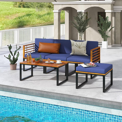 5 Pieces Patio Conversation Set, Acacia Wood Chair Set with Ottoman & Coffee Table, Comfy Seat & Back Cushions, Outdoor Wood Furniture Set for Backyard, Poolside, Garden3