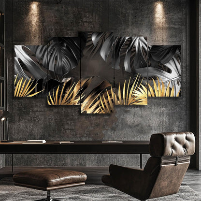 Black and Gold Leaves Painting Wall Decor for Living Room Nature Canvas Art Modern Artwork Framed Prints for Home Bedroom Picture Poster 5 Pieces Ready to Hang (12"X20"X2Pcs+12"X28"X2Pcs+12"X32")4