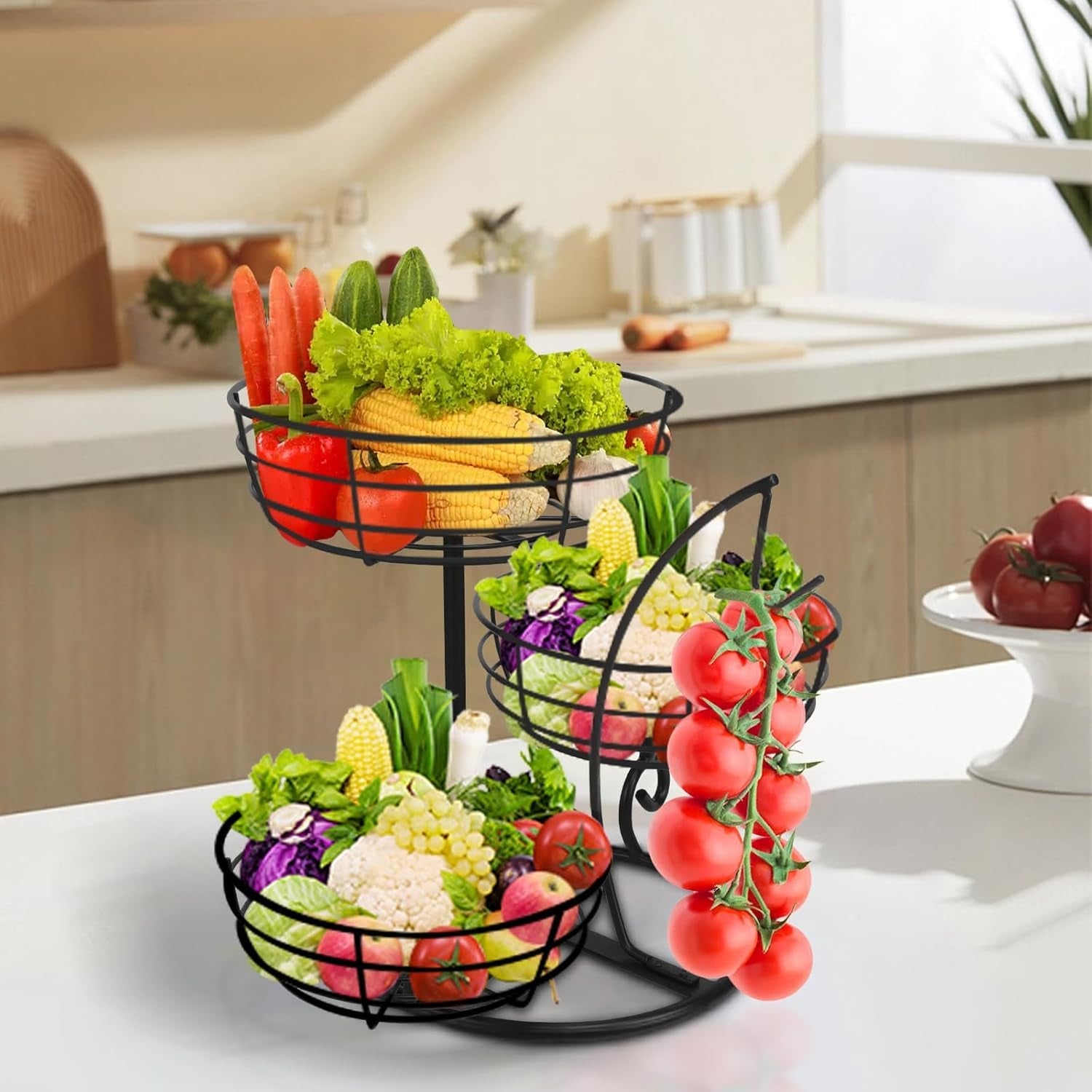 fruit-basket-bowl-with-banana-hanger-fruit-vegetable-storage-basket-with-banana-tree-holder-for-kitchen-counter-detachable-organizer-for-bread-snack-produce-black-3-tier-metal-base