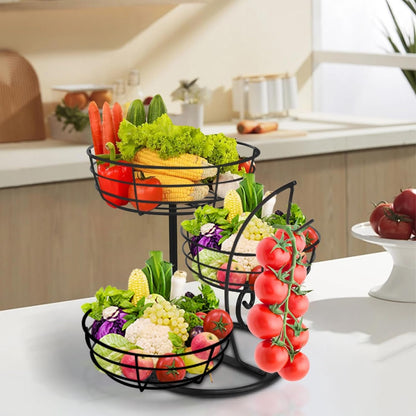 Fruit Basket Bowl with Banana Hanger, Fruit Vegetable Storage Basket with Banana Tree Holder for Kitchen Counter, Detachable Organizer for Bread Snack Produce (Black, 3-Tier Metal Base)8