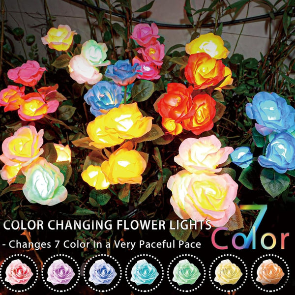 Solar Garden Lights - Upgraded Outdoor Light, 7-Color Changing Rose Lights for Yard,Garden Decoration, Enlarged Solar Panel, More Realistic Rose Flower (2 Packs)2