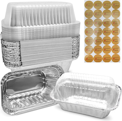 Mini Loaf Pans with Lids 50 Pack Small Aluminum Pans with Lids 6X3.5X2 Complete with Baked with Love Stickers for Baking Bread, Fruit Cake, Banana Bread, Meatloaf and Baked Goods1