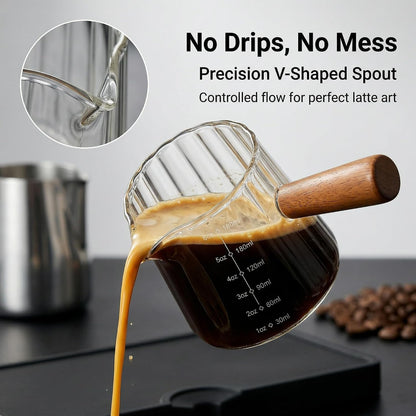 6 Oz Espresso Cups with Wood Handle, Espresso Accessories, Ribbed Milk Frothing Pitcher, Glass Measuring Cup, Shot Glass with V-Shaped Mouth, Coffee Bar Epresso Shots Cup4