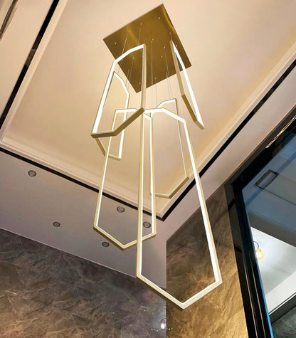 6-Rings Chandelier Modern, Gold Large Contemporary LED Light for Living Room Entrance, Dimmable Flush Mount High Ceiling Chandeliers with Remote Control for Villa Foyer1