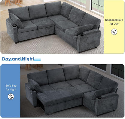 85" Chenille Sectional Sofa W/Pull Out Bed & Storage Space, Grey7