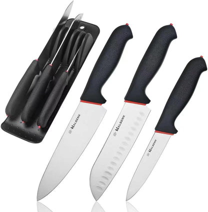 5-Piece Kitchen Knife Set, In-Drawer Storage & Sharpener | 4-Pc: Chef, Santoku & Utility Knives, Drawer Storage, No Block, Built-In Sharpener, Soft Non-Slip Grip, Rust-Proof Steel.1