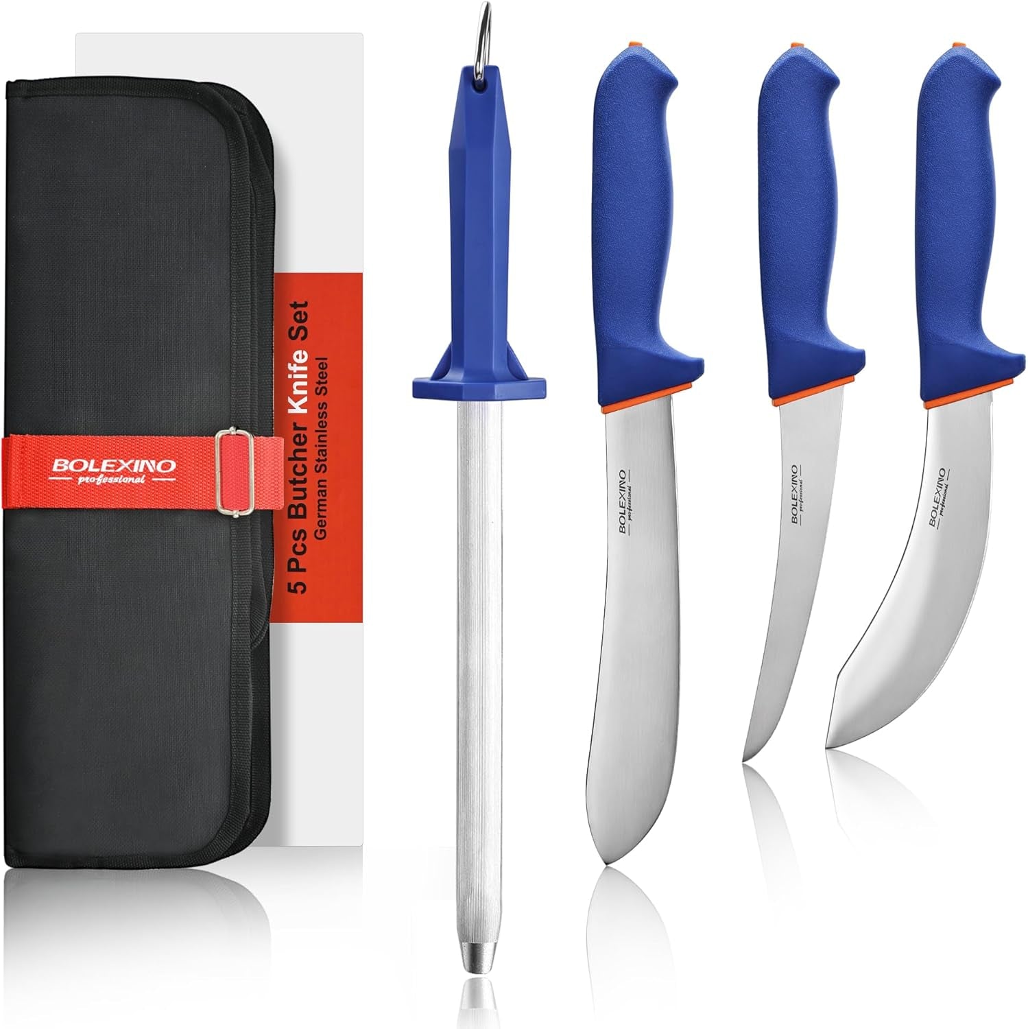 butcher-knife-set-5-pcs-stainless-steel-with-sharpener-x50crmov15-steel-for-meat-non-slip-grip-for-safety-5-pc-3-knives-sharpener-roll-bag-ergonomic-design-reduces-fatigue