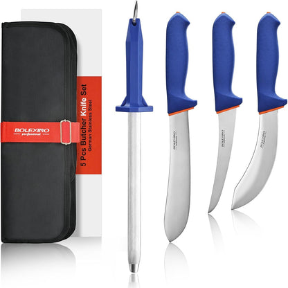 Butcher Knife Set, 5 PCS Stainless Steel with Sharpener | X50Crmov15 Steel for Meat, Non-Slip Grip for Safety, 5-PC: 3 Knives, Sharpener & Roll Bag, Ergonomic Design Reduces Fatigue.1