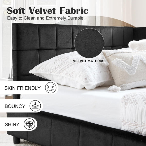 Full Size Daybed L-Shaped, Modern Velvet Upholstered Sofa Day Bed Frame with Wood Slats for Living Room Bedroom Guest Room, No Box Spring Needed, Black3