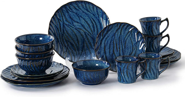 Ceramic Dinnerware Sets for 4, 16 Pcs Plates and Bowls Sets, Reactive Glaze Ceramic Dish Set, Scratch Resistant, Microwave & Dishwasher Safe, Highly Chip and Crack Resistant Dishware Sets, Ocean Blue2