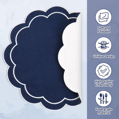 Dark Blue Linen Placemats Embroidered round Scalloped Kitchen Table Mats for Party Home Dining Table Decor, Set of 6, 15 X 15 In3