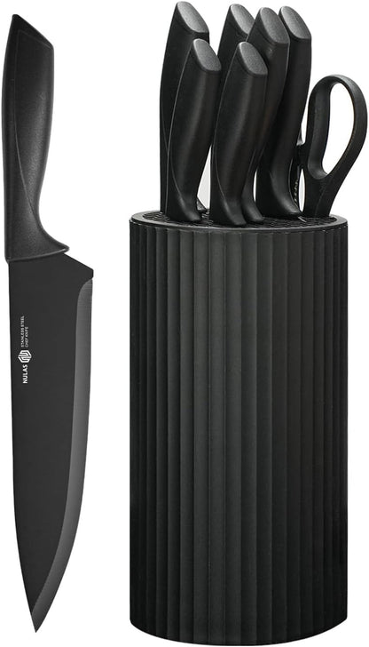 Knife Set, 8-Piece Kitchen Knife Set with Universal Block - Anti-Rust Chef Knives, Ergonomic Design, Dishwasher Safe (Black)1