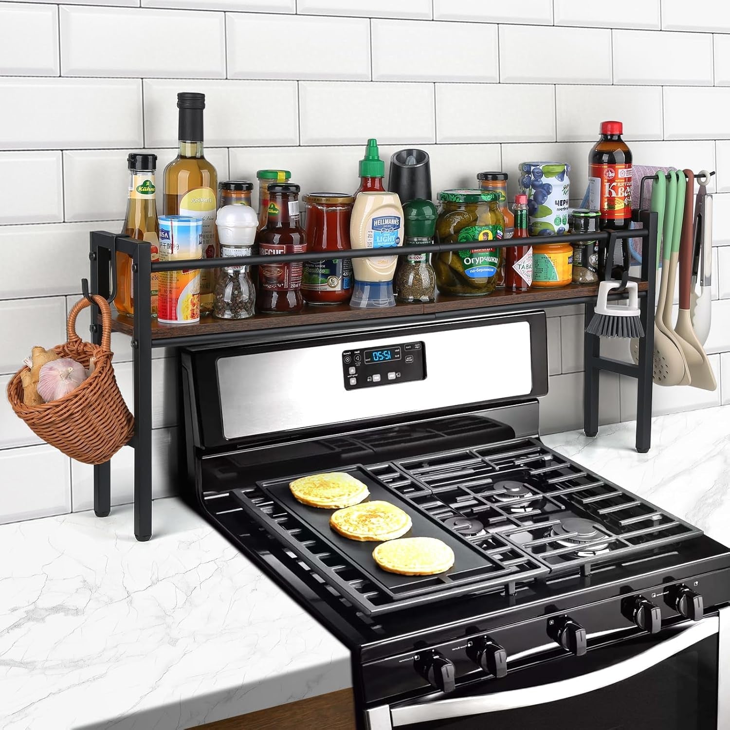 spice-rack-shelf-for-kitchen-stove-over-the-stove-shelf-with-4-hooks-extra-storage-countertop-rustic-wood-solid-metal-commbined-stove-shelf-for-storage-seasoning-easy-to-assemble